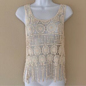 No Boundaries Crochet Tank Top Medium Cream Fringe Boho Festival Coastal Grandma